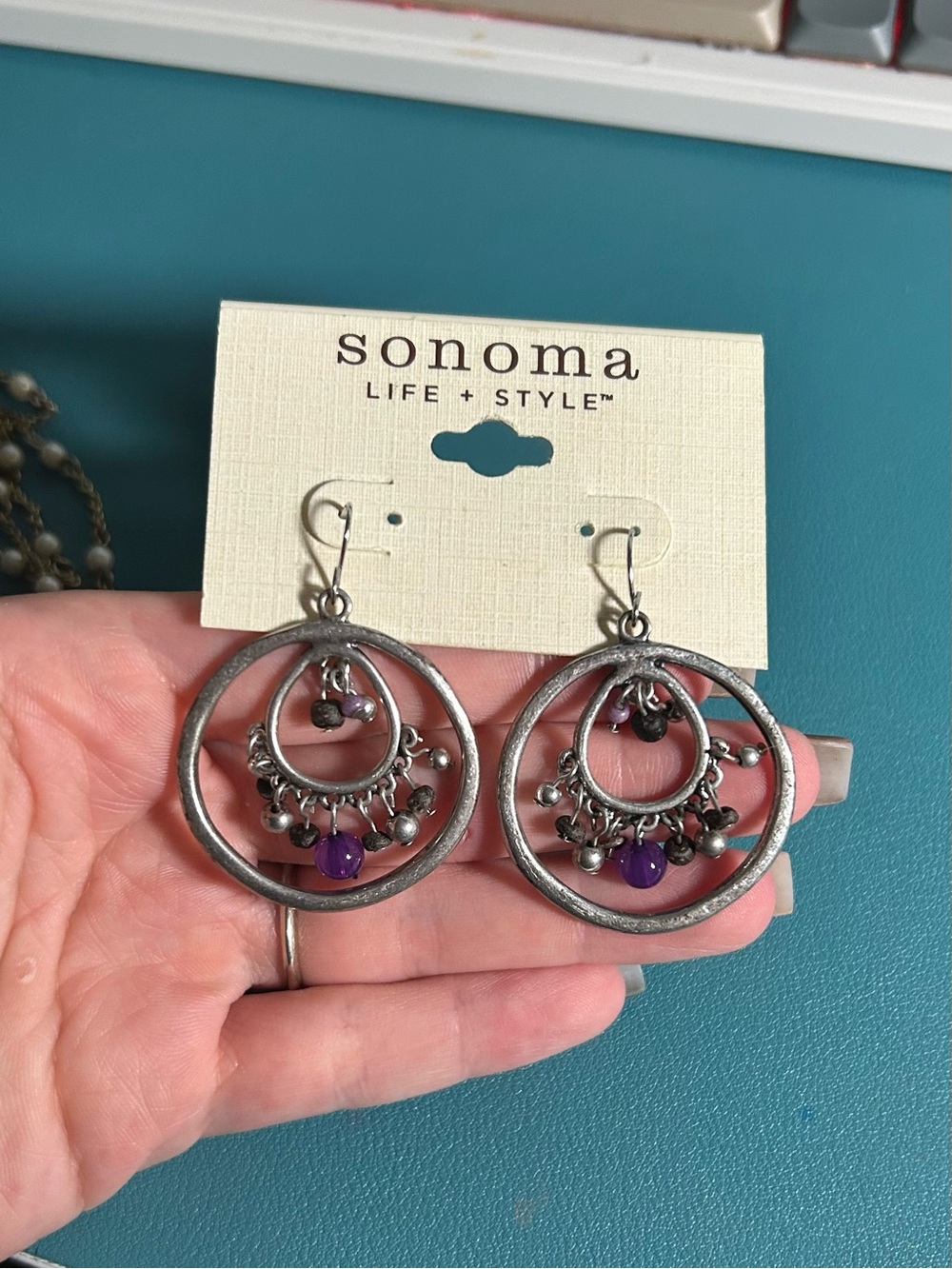 NWT Sonoma Life + Style Silver & Purple Beaded Hoop Earrings